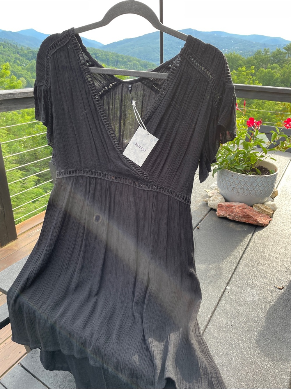 Raviya Black V-Neck Pleated Tunic with Lace Trim